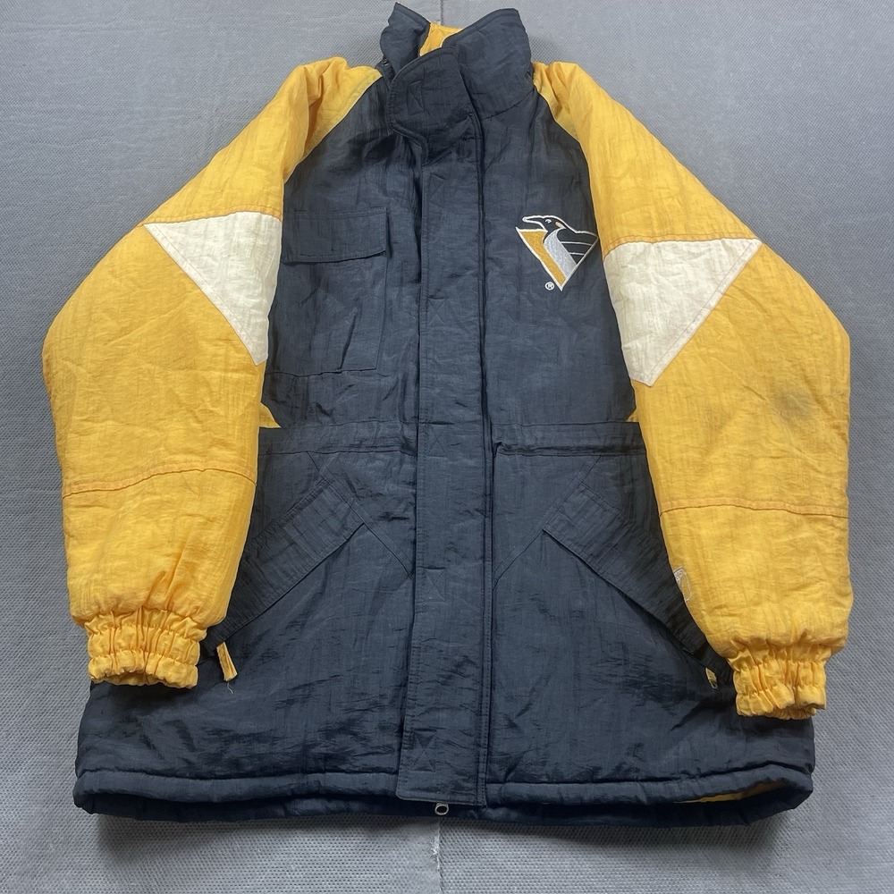 Pittsburgh Penguins Logo‎ 7 Puffer Jacket Mens Medium Black Yellow NHL 1990s Zip